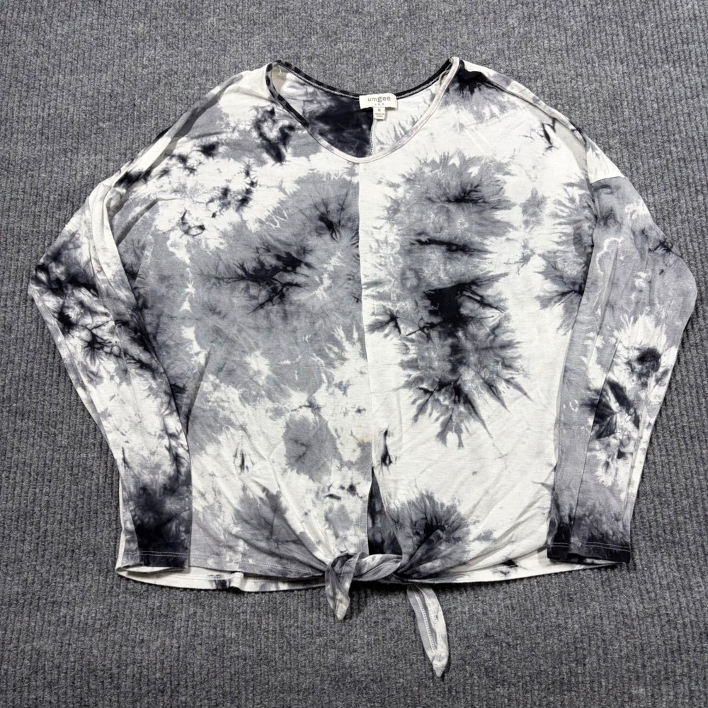 Umgee Shirt Womens M Tie Dye Long Sleeve Top Gray White Front Tie